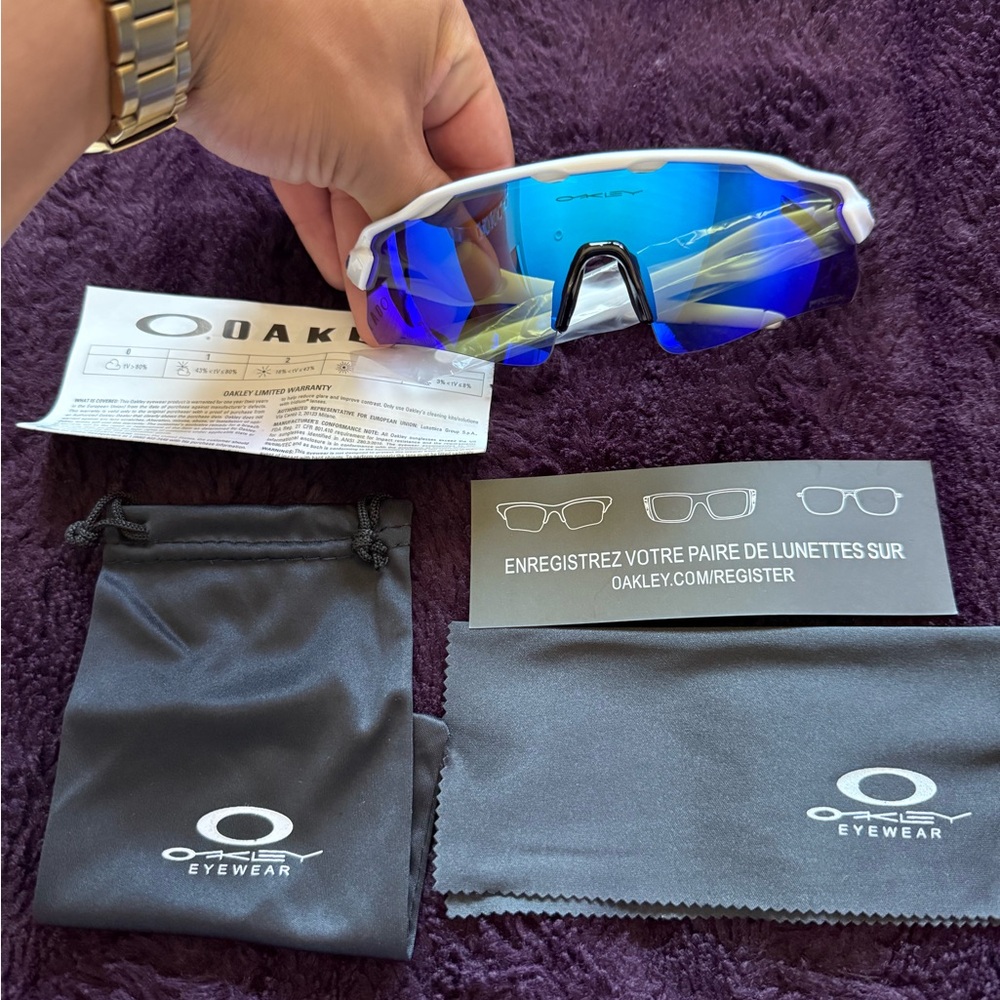 Oakley White Frame Sunglasses with Blue Lenses